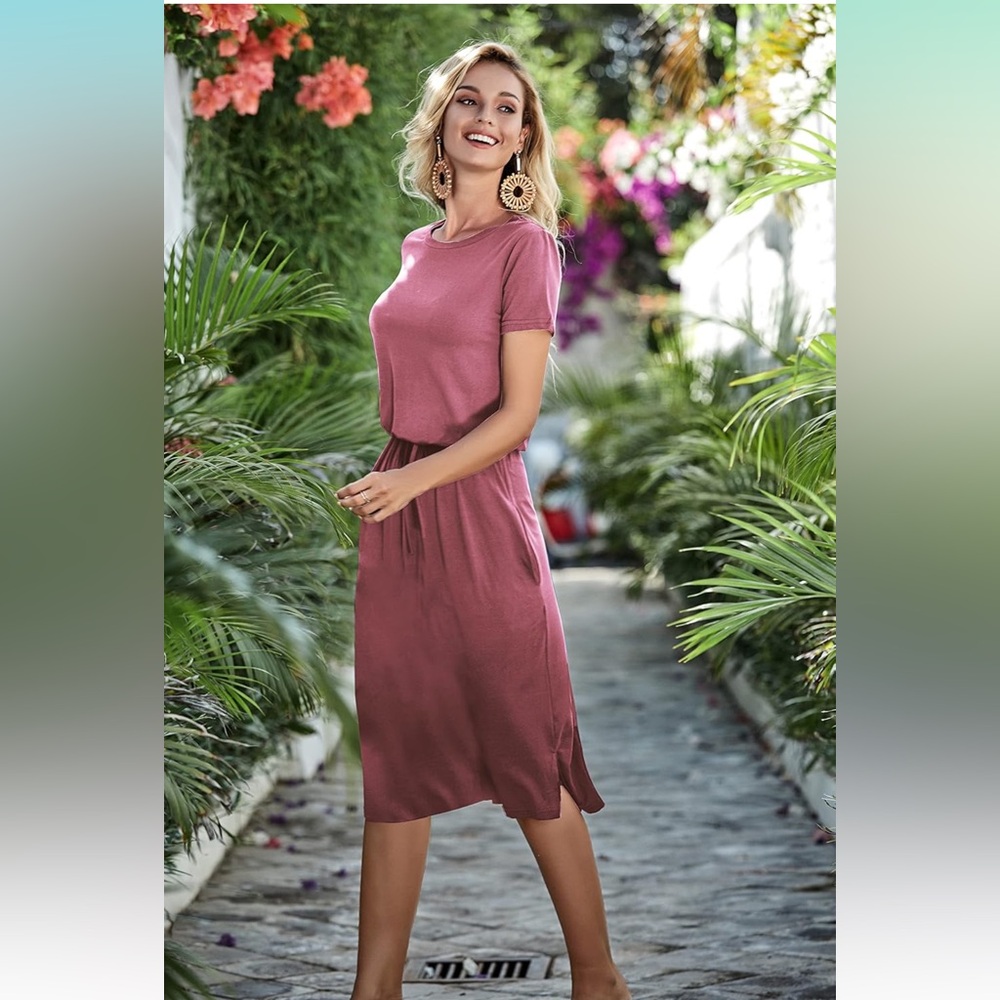 Womens Plain Solid Short Sleeve Casual Pockets Midi Dress with Belt Purple